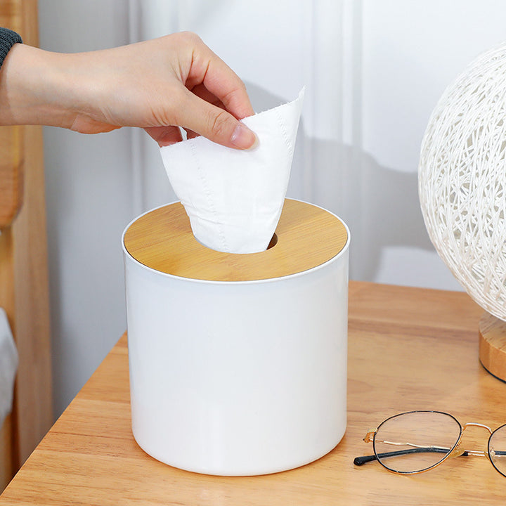 Round Bamboo Tissue Box With Remote Control Storage