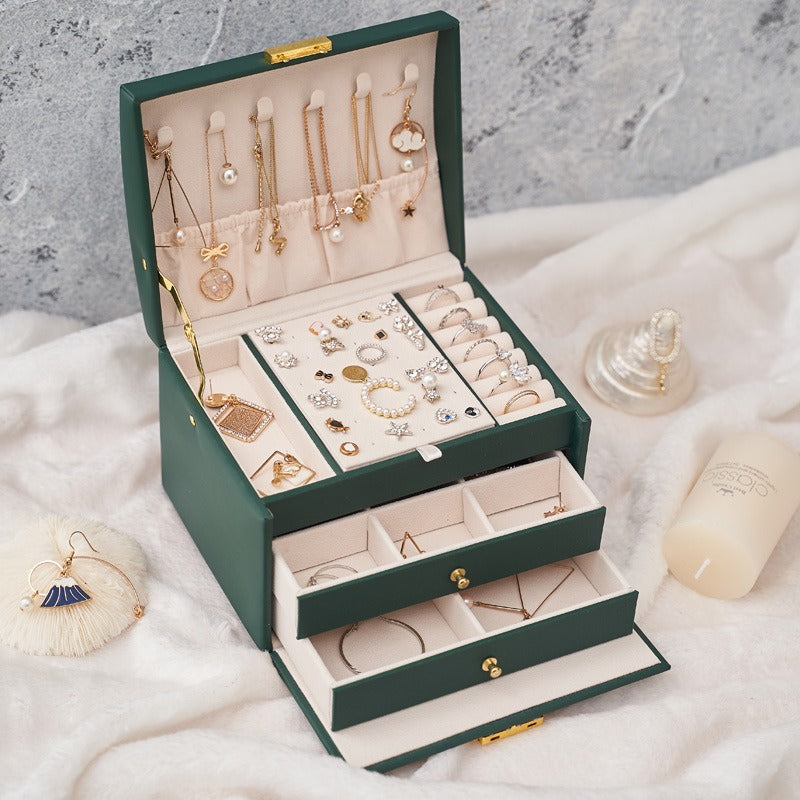 Leather Jewelry Box with Lock, 3-Layer Storage Case