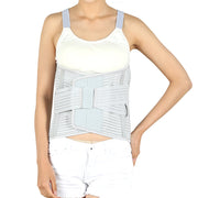 Woman wearing light gray lumbar support belt with dual compression straps and steel plate reinforcement