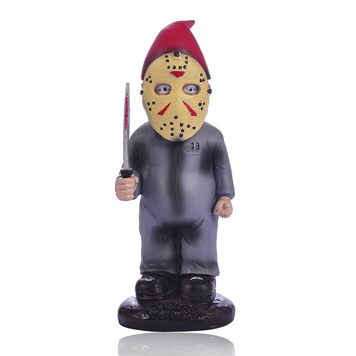 Horror Garden Gnome Figurine with Hockey Mask Decor