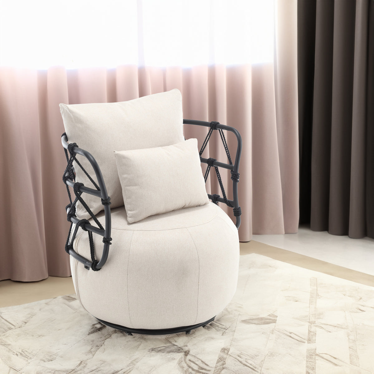Tufted Linen Swivel Accent Chair with Rope Metal Frame