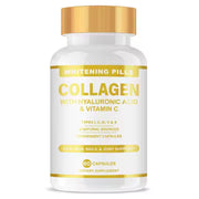Front-facing collagen capsule bottle with gold cap and white body, showcasing product name and key claims prominently