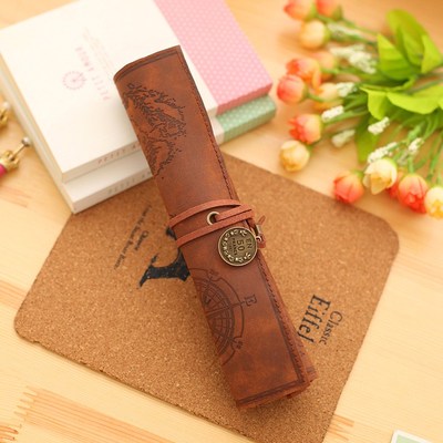 Retro Leather Pencil Case Roll-Up with Vintage Map Print