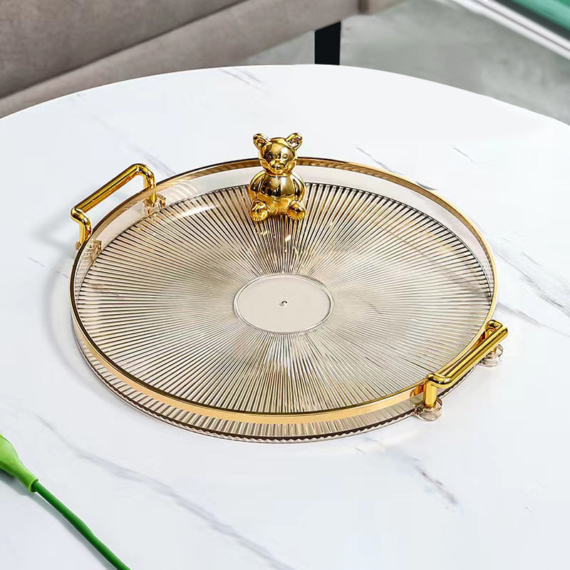 Round Serving Tray with Gold Handles and Ribbed Base