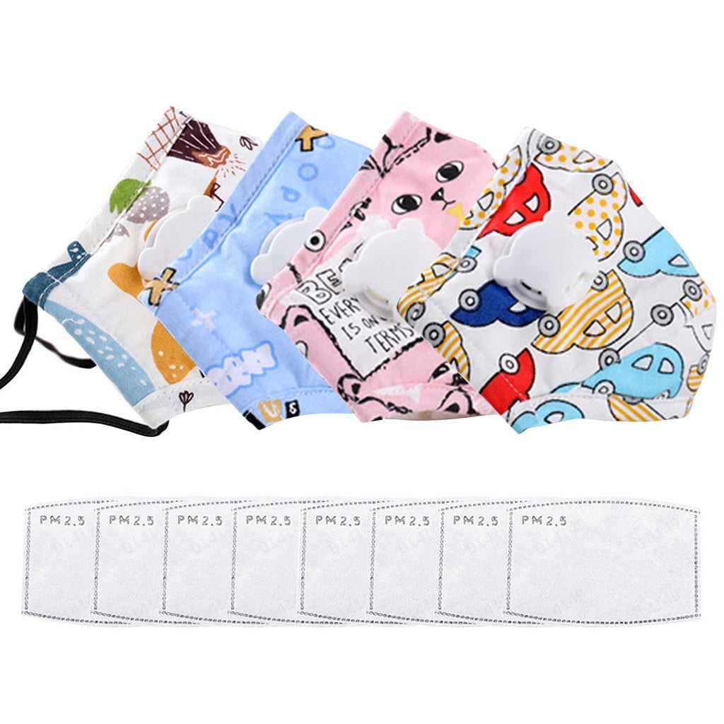 Four cartoon children's face masks in different designs (pink cat, blue bears, pink animals, white vehicles) arranged in a fan display with black drawstring cords and 8 PM2.5 filter packets below