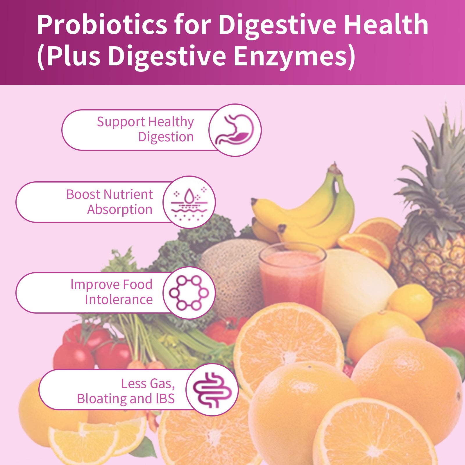 Educational infographic on bright pink background showing 'Probiotics for Digestive Health' with 4 digestive benefit callouts and colorful fresh produce imagery