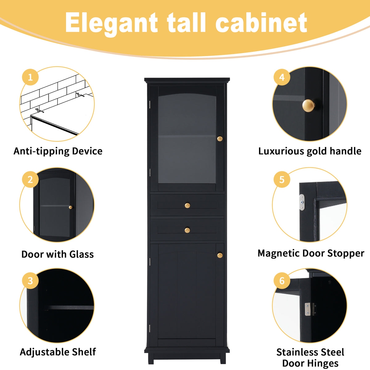 Tall Bathroom Storage Cabinet with Glass Door and Drawers