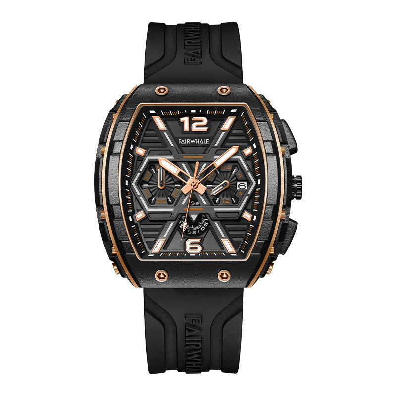 Men's Tonneau Quartz Watch, Three Subdials, Silicone Strap