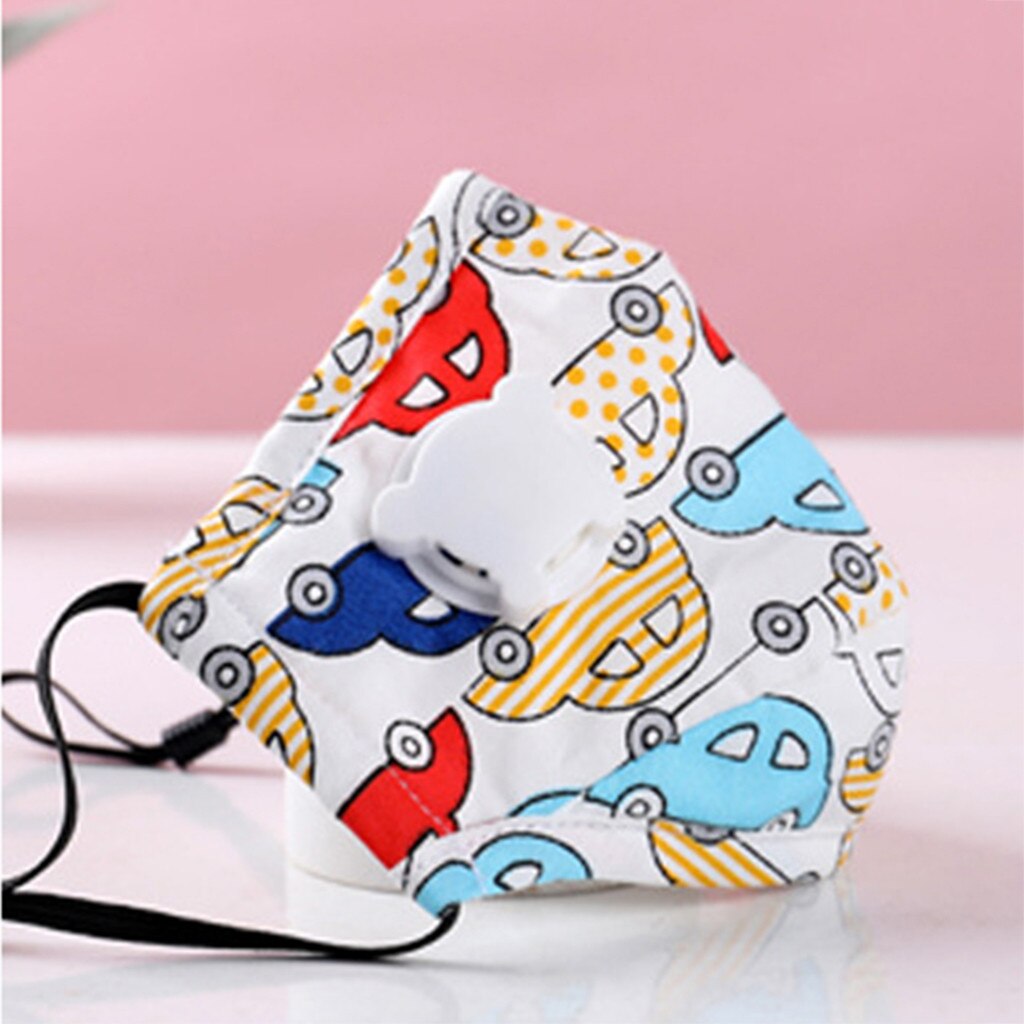 White mask with colorful cars (red, blue) and yellow sun designs, white center panel with ear loops