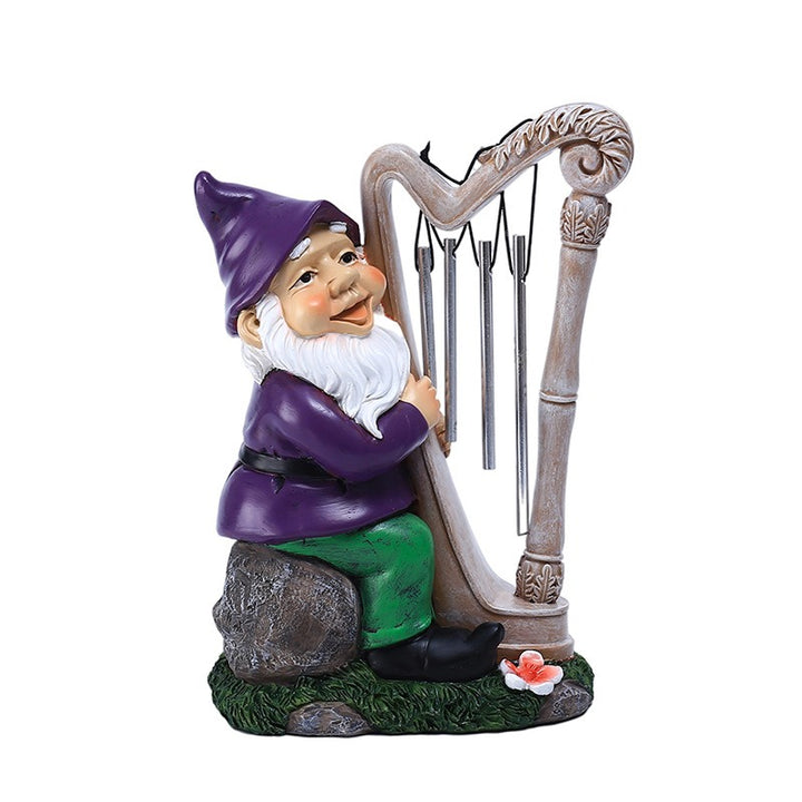 Garden Gnome Wind Chime Statue with Harp, Outdoor Decor