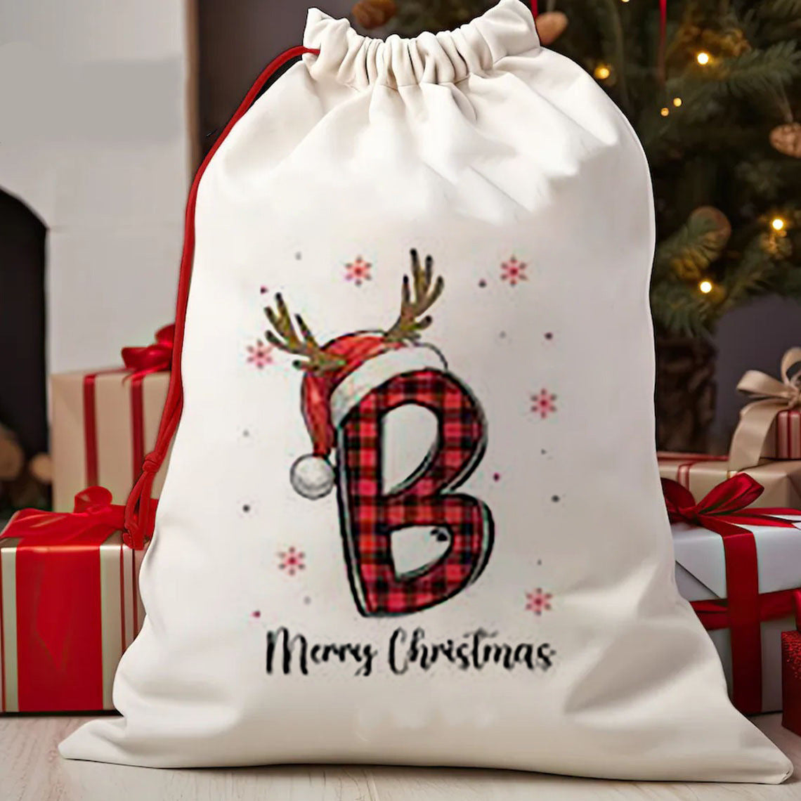 Christmas Cotton Gift Bag – Reusable Plaid Letter Sack