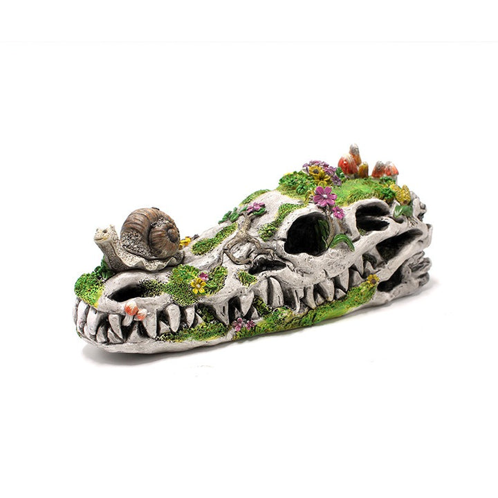 Dragon Skull Garden Statue with Moss and Fossil Accents