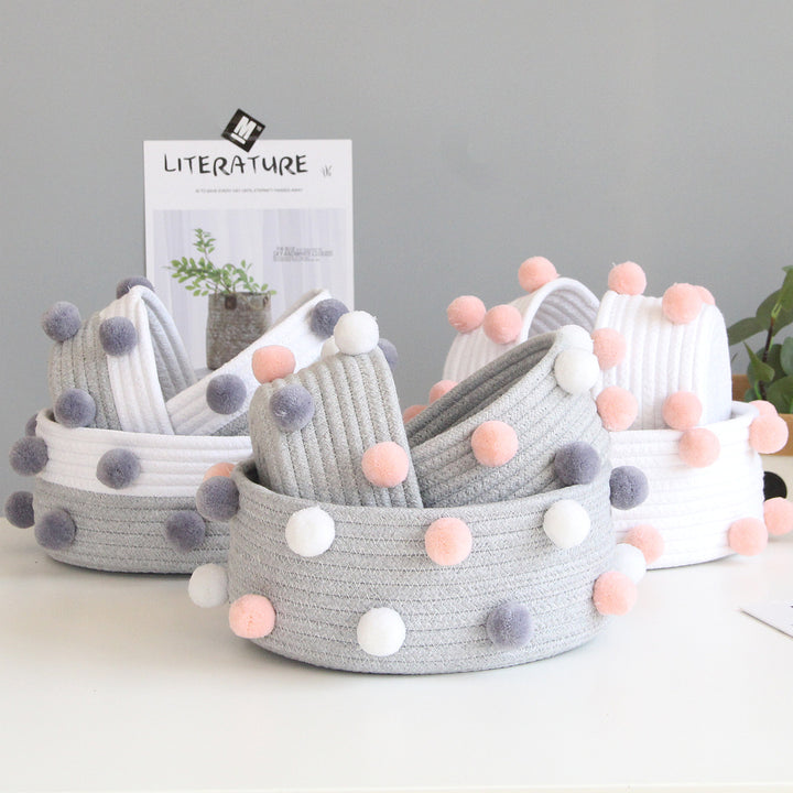 Cosmetic Storage Basket, Woven Rope Pom-Pom Nordic Style