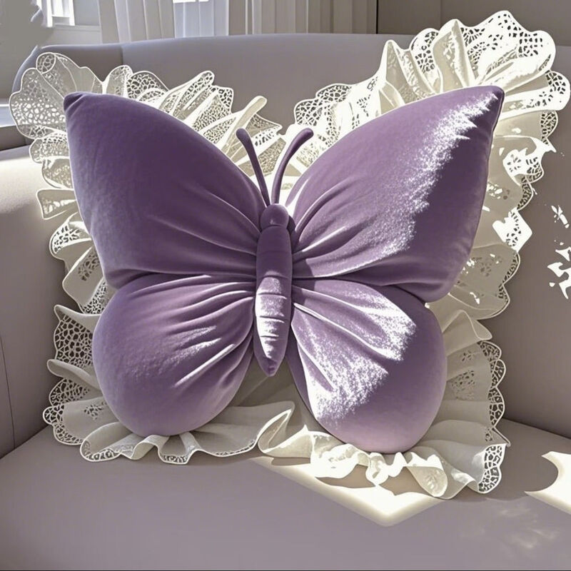 Butterfly Princess Velvet Throw Pillow with Lace Ruffle
