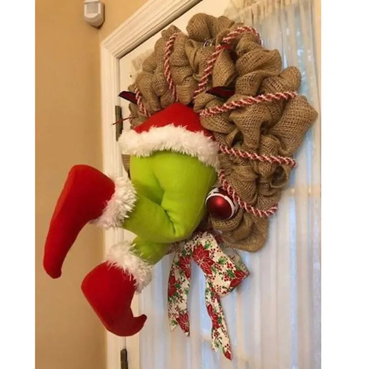 Burlap Christmas Wreath With Santa Thief Detail