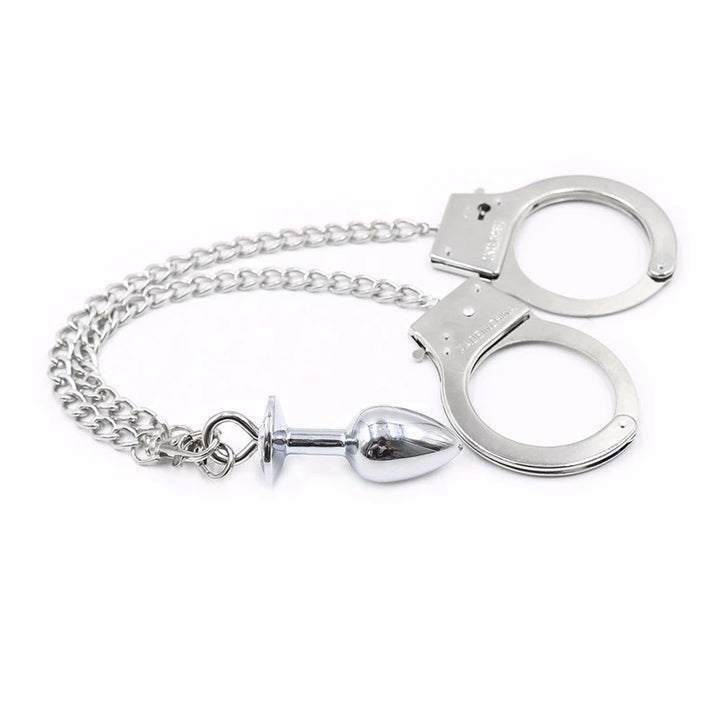 Metal Bondage Handcuffs with Anal Plug for Shared Play
