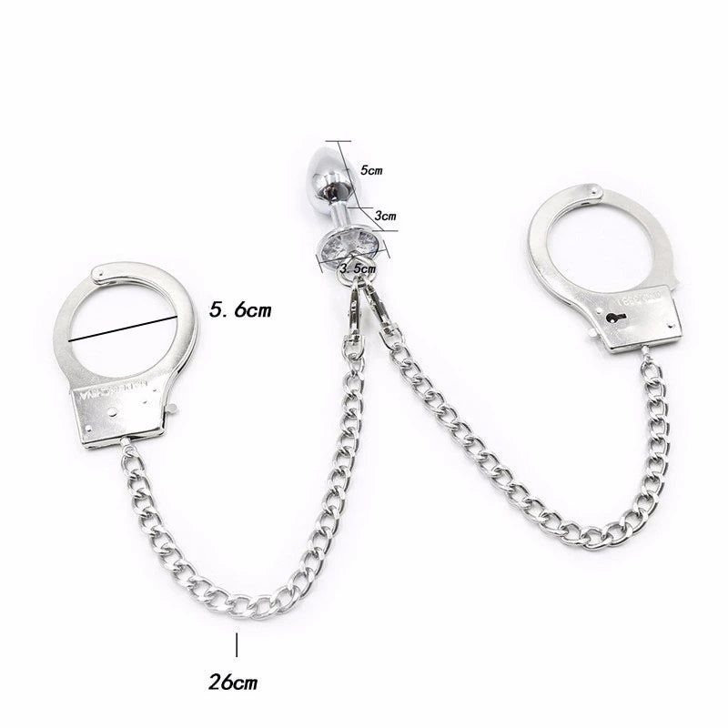 Metal Bondage Handcuffs with Anal Plug for Shared Play
