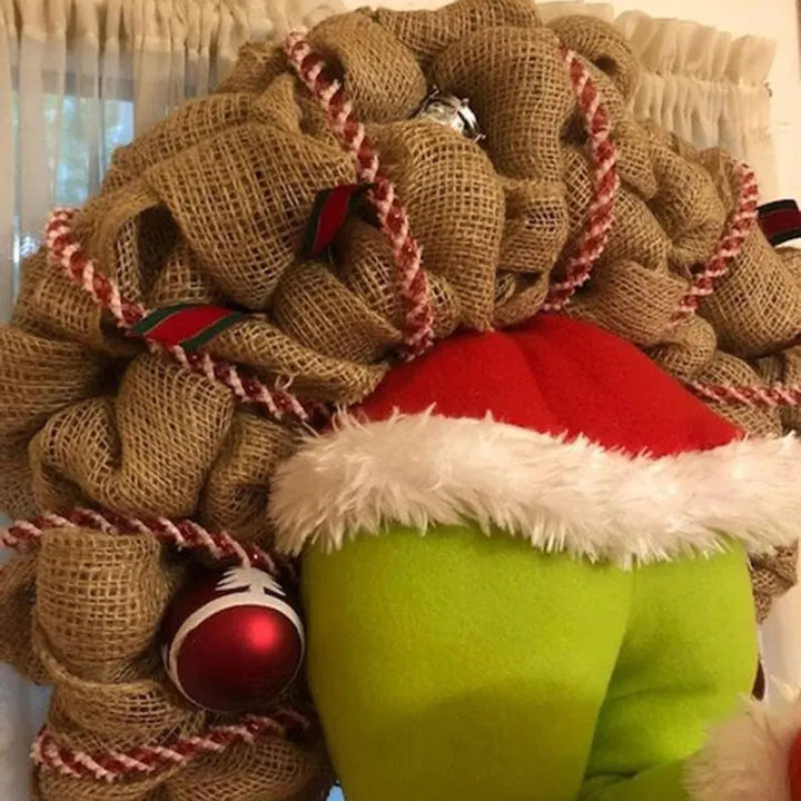 Burlap Christmas Wreath With Santa Thief Detail