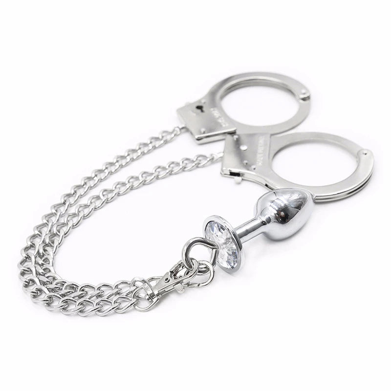 Metal Bondage Handcuffs with Anal Plug for Shared Play