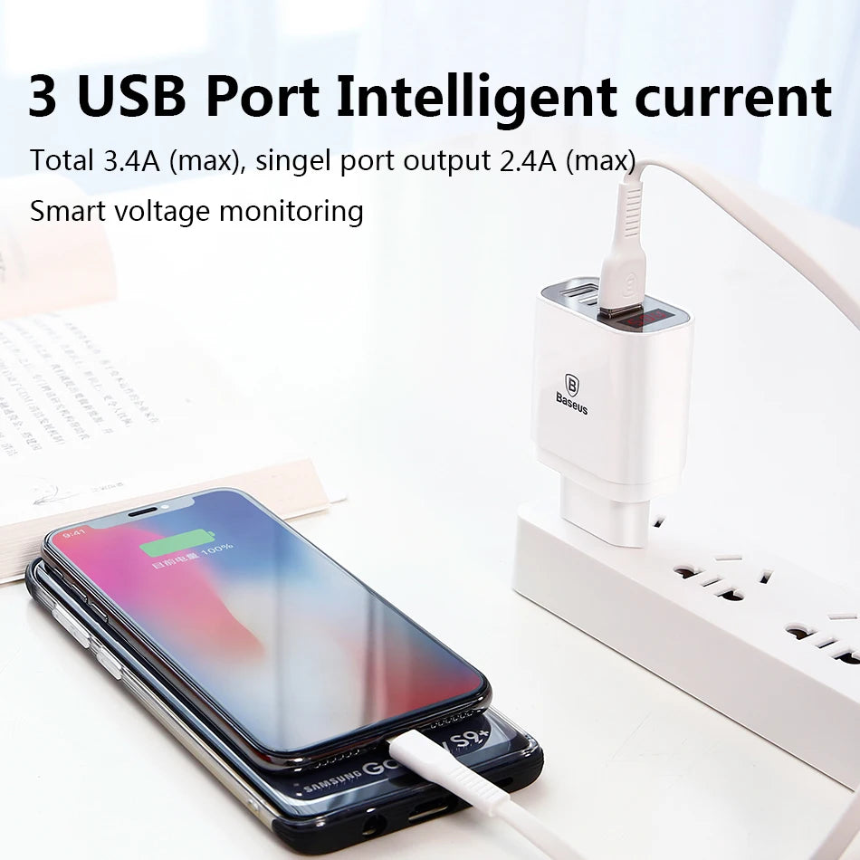 Baseus 3-USB Wall Charger With LED Display, 3.4A Fast