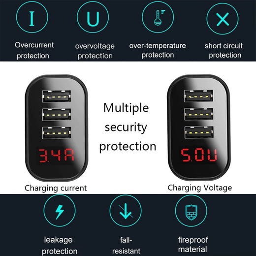 3-Port USB Wall Charger with LED Display, 3.4A Fast Charging