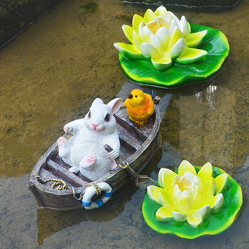 Floating Rabbit Boat Ornament for Whimsical Garden Ponds