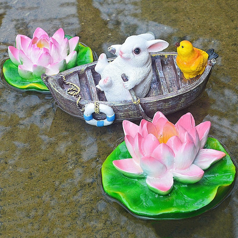 Floating Rabbit Boat Ornament for Whimsical Garden Ponds