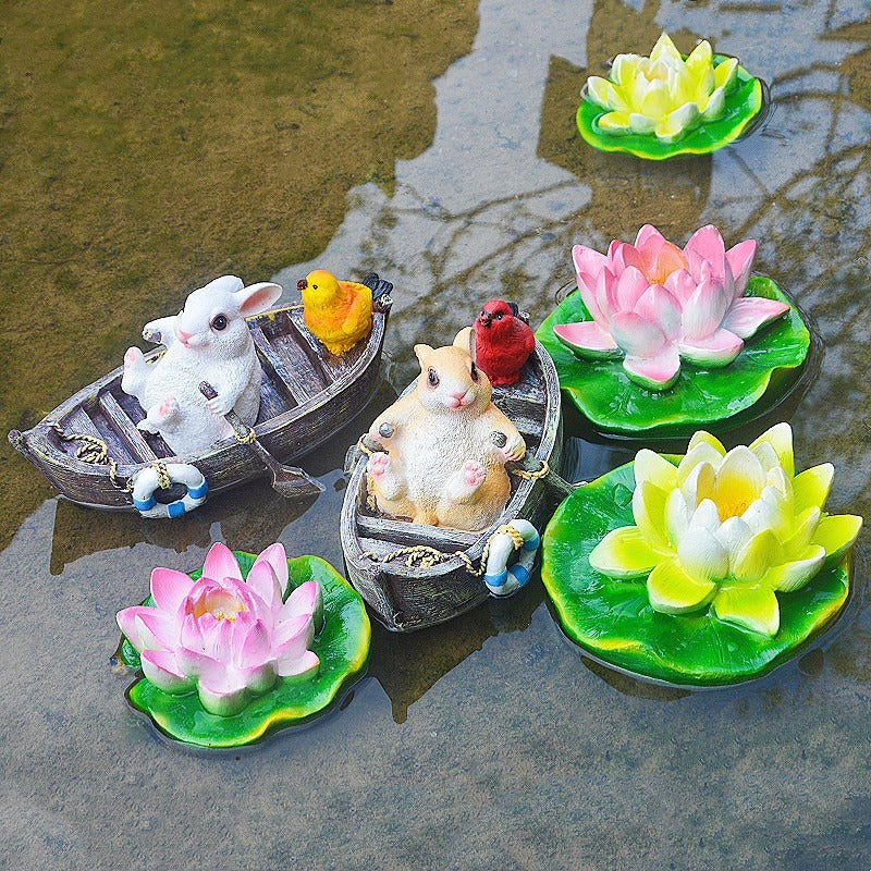 Floating Rabbit Boat Ornament for Whimsical Garden Ponds