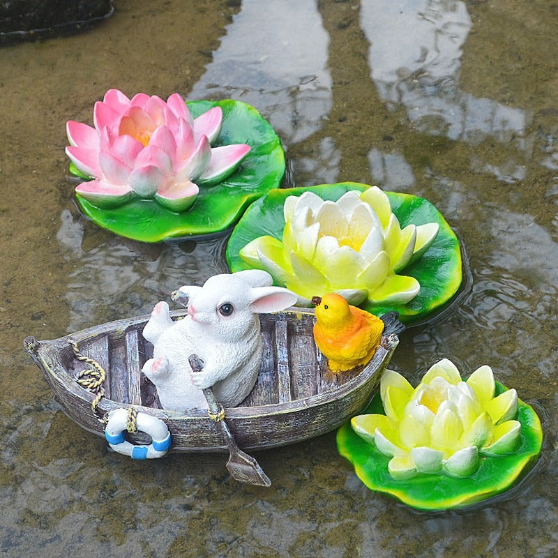 Floating Rabbit Boat Ornament for Whimsical Garden Ponds