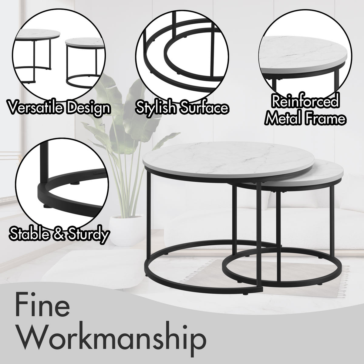 Nesting Coffee Table Set with Faux Marble Top & Metal Frame