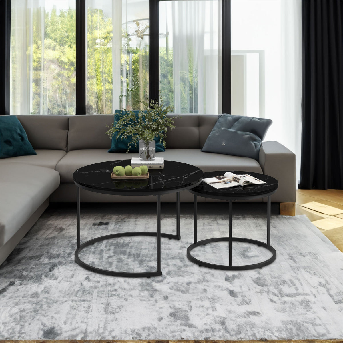 Nesting Round Coffee Table Set with Marble-Look Top