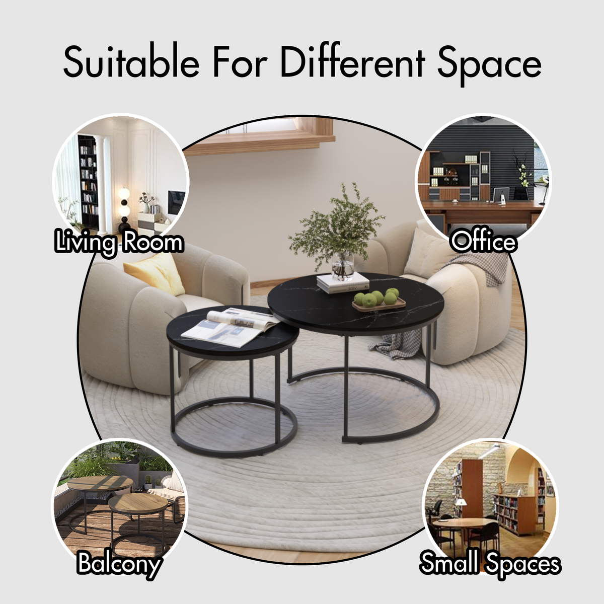 Nesting Round Coffee Table Set with Marble-Look Top