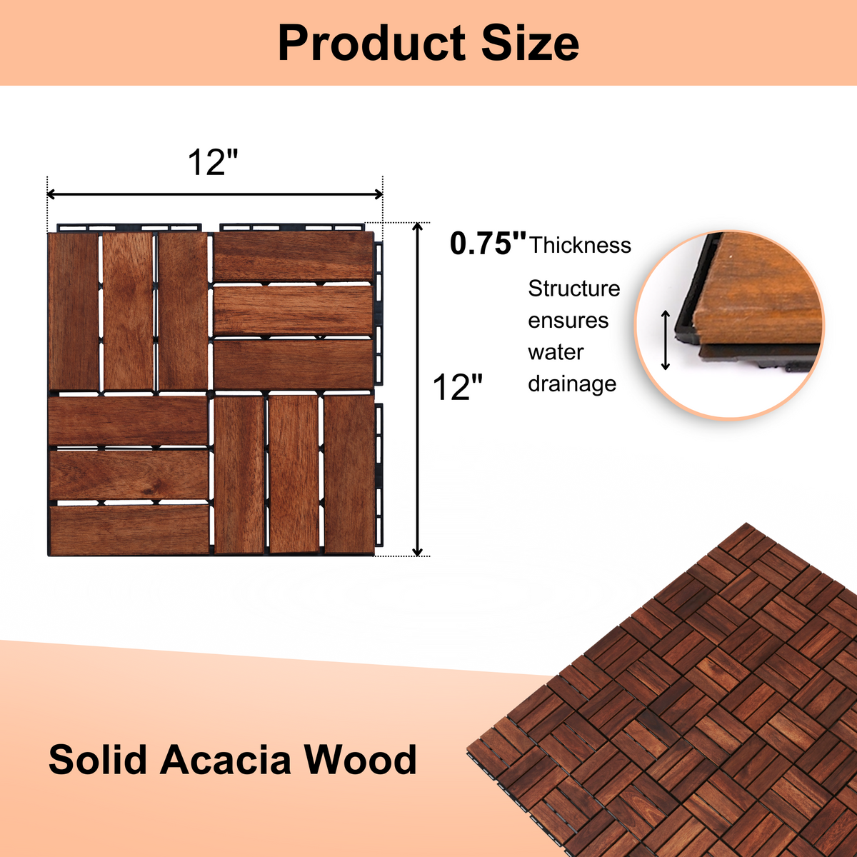 Acacia Deck Tiles 12x12 Interlocking Outdoor Flooring