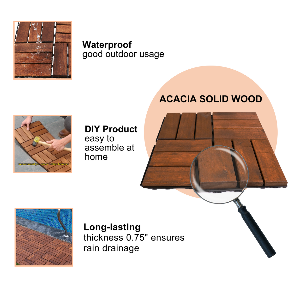 Acacia Deck Tiles 12x12 Interlocking Outdoor Flooring