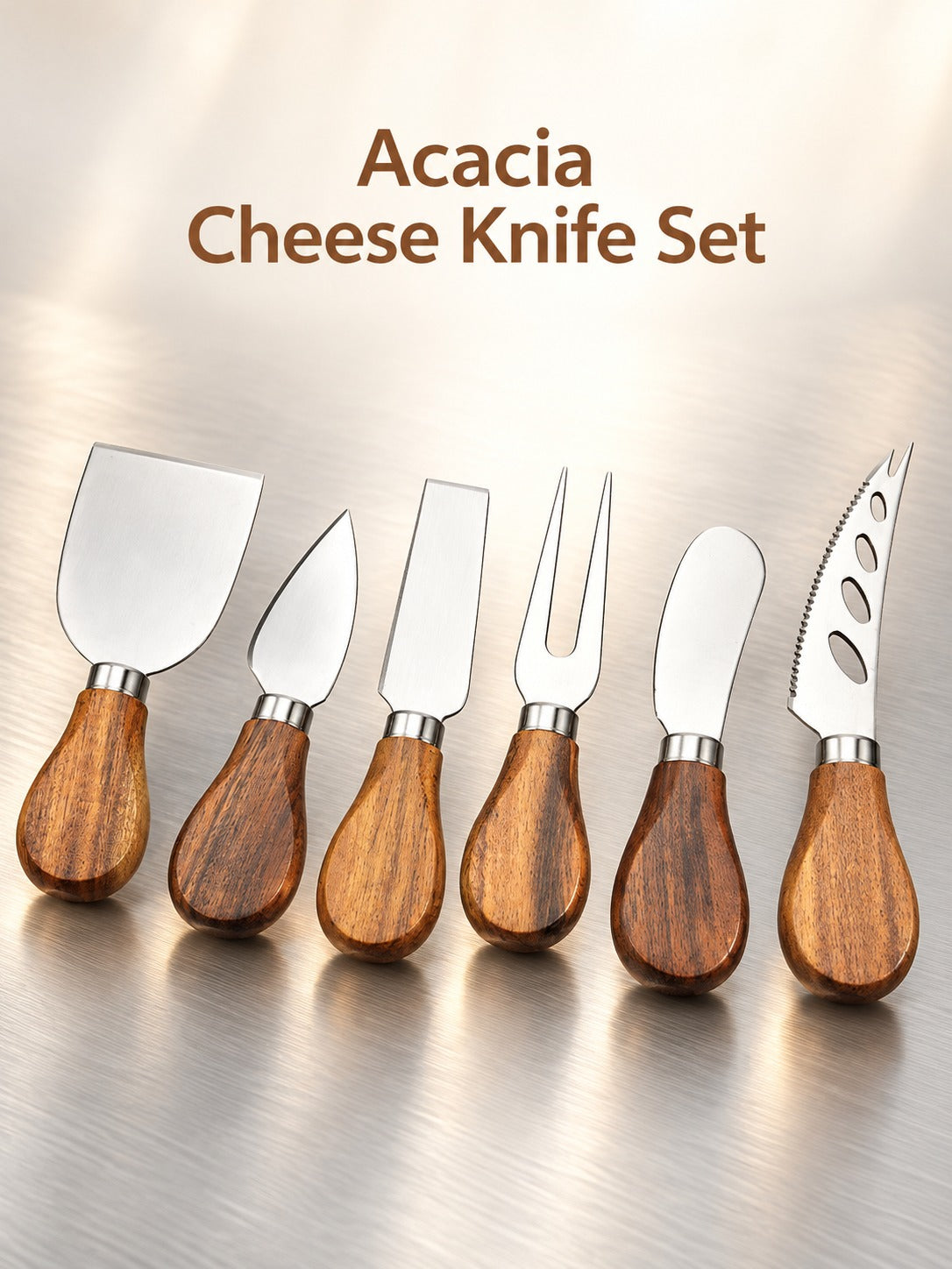 Acacia Wood Cheese Knife Set, 6 Piece Stainless