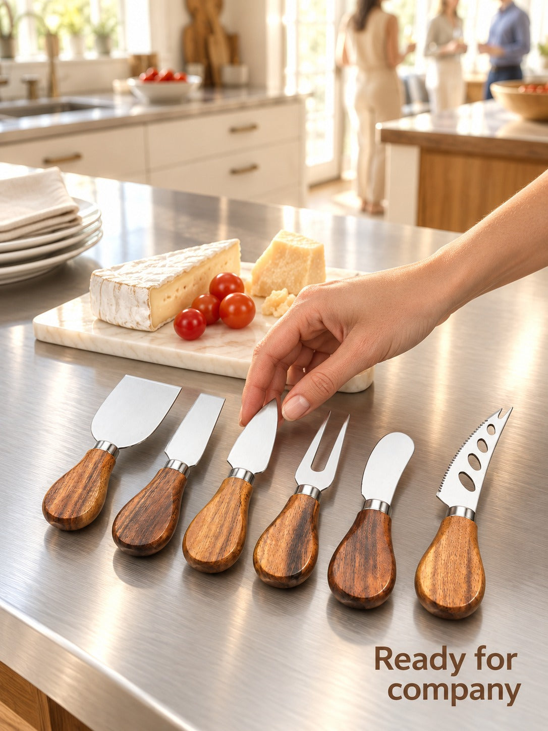 Acacia Wood Cheese Knife Set, 6 Piece Stainless