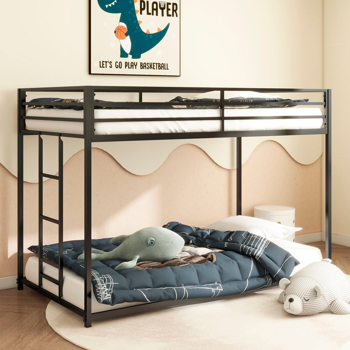 Twin Over Twin Metal Bunk Bed for Two Kids, Matte Black