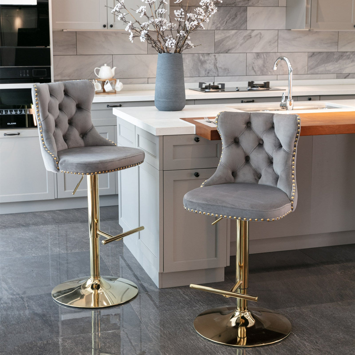 Tufted Velvet Bar Stool, Adjustable 25-33 Inch Height