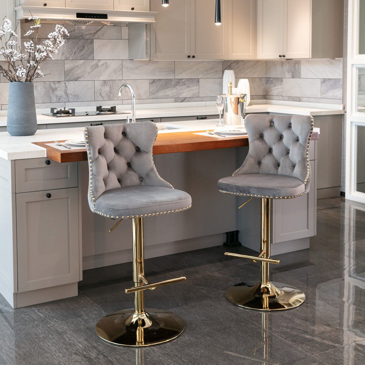 Tufted Velvet Bar Stool, Adjustable 25-33 Inch Height