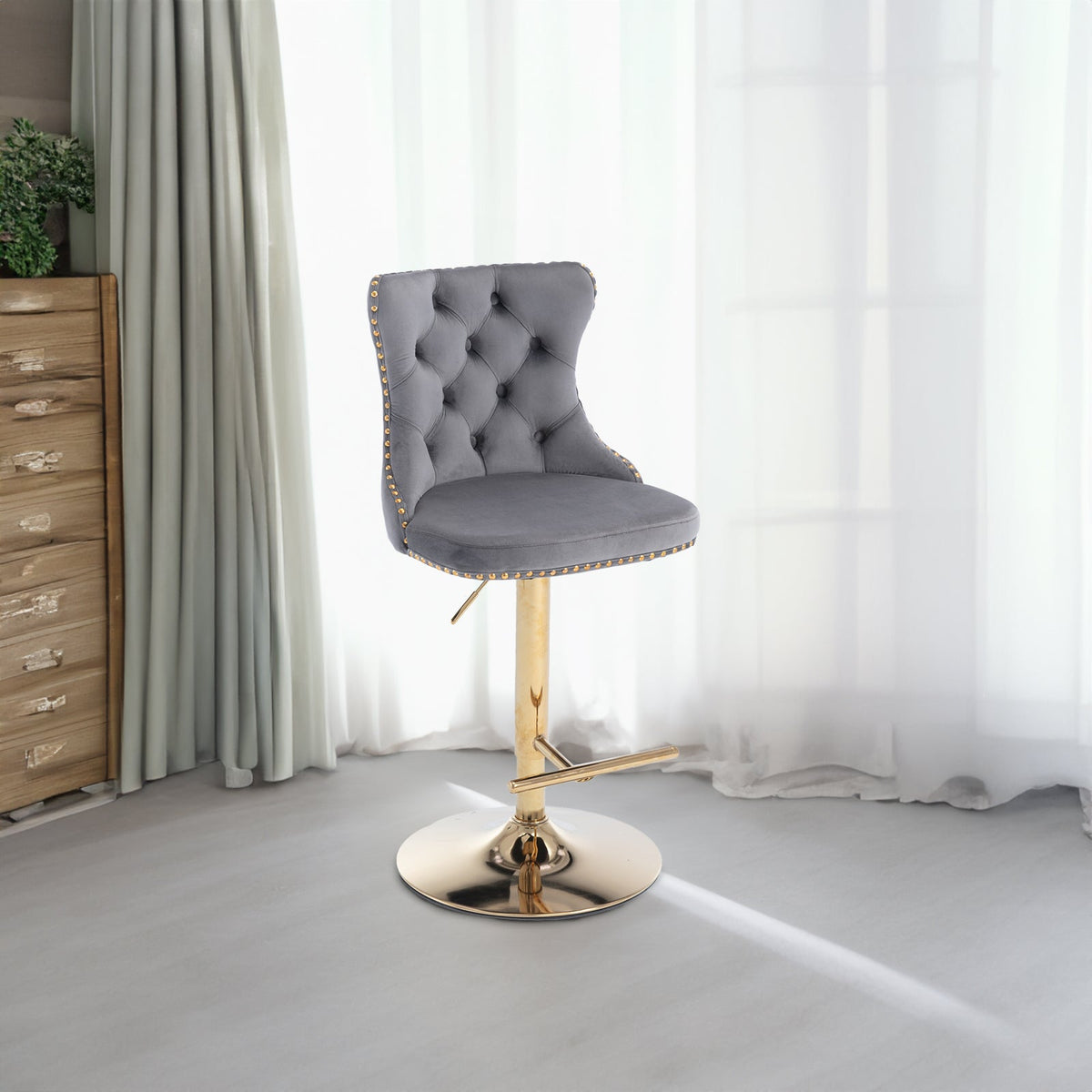 Tufted Velvet Bar Stool, Adjustable 25-33 Inch Height