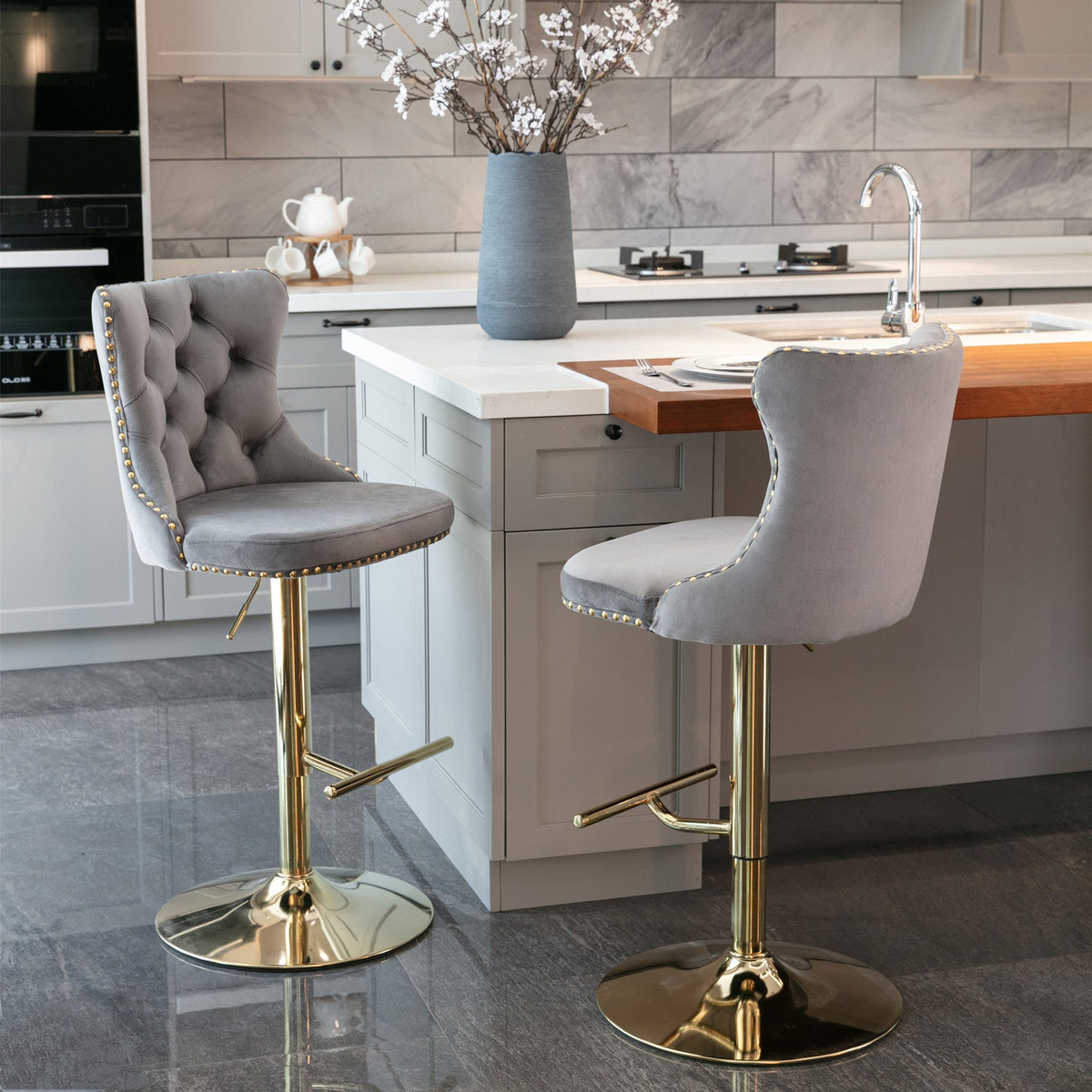 Tufted Velvet Bar Stool, Adjustable 25-33 Inch Height