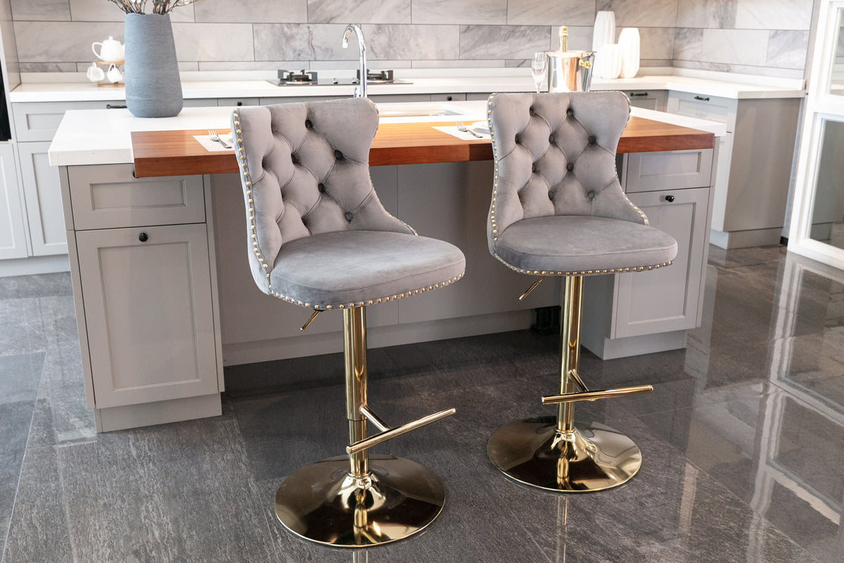 Tufted Velvet Bar Stool, Adjustable 25-33 Inch Height