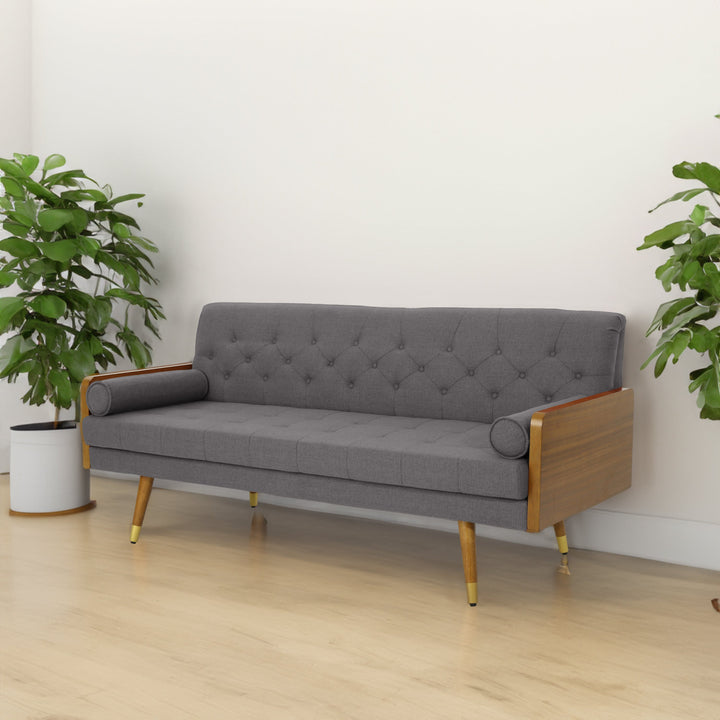 Mid-Century Modern Tufted Sofa in Grey Linen Fabric