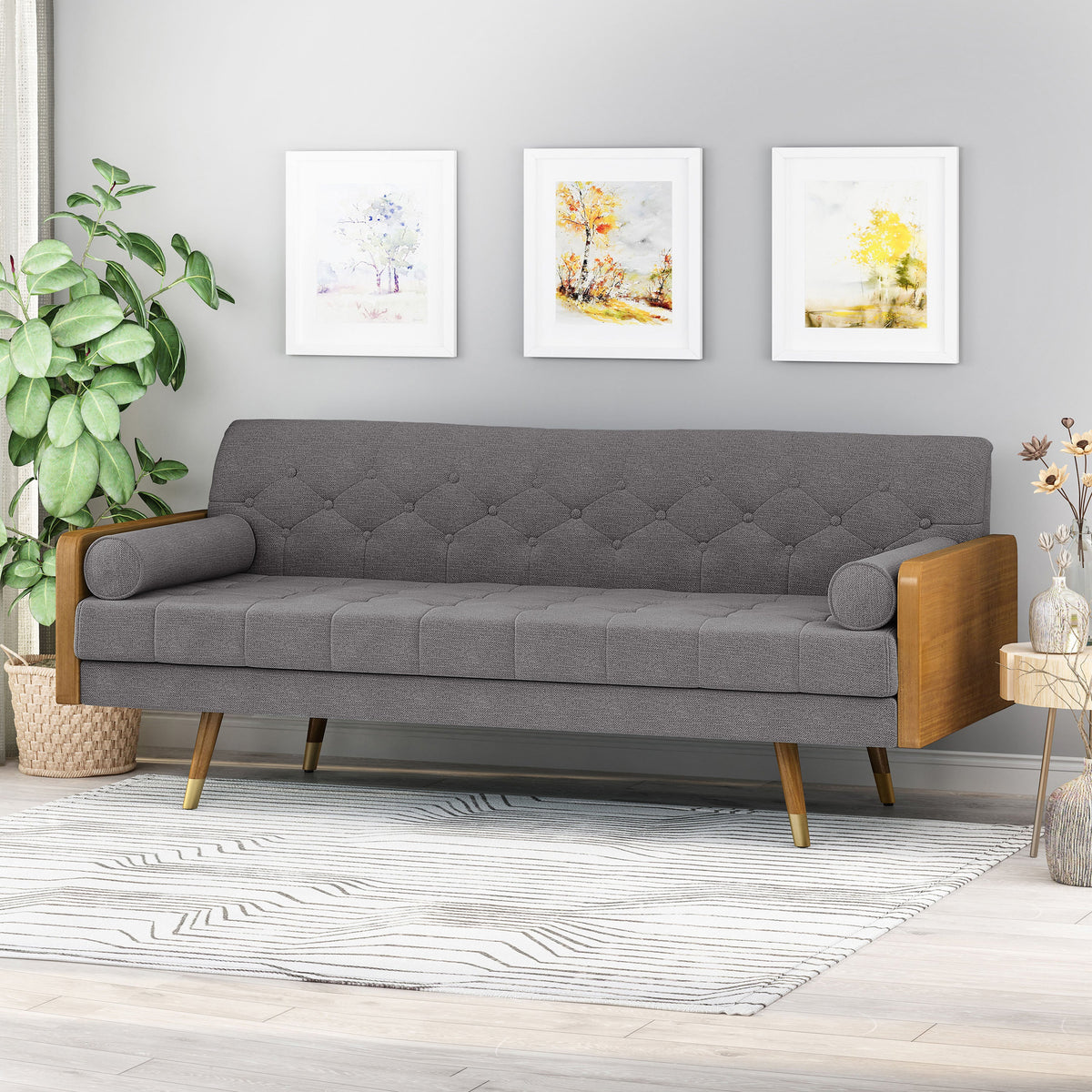 Mid-Century Modern Tufted Sofa in Grey Linen Fabric