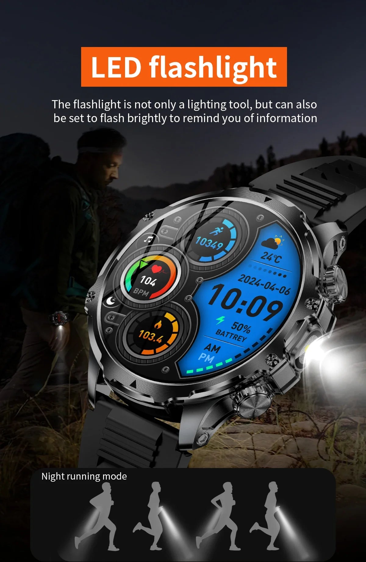 Rugged Smartwatch with LED Flashlight & Bluetooth Calling