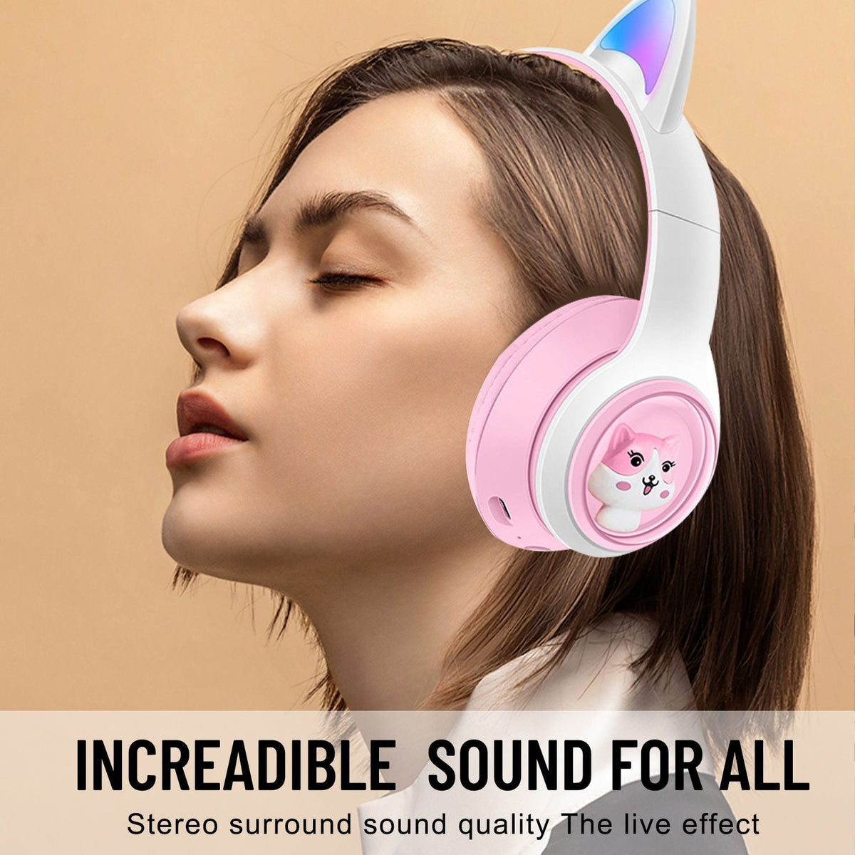 Cat Ear Wireless Headphones with LED Lights, BT 5.3
