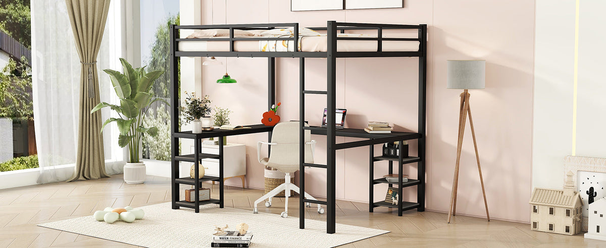 Full-Size Metal Loft Bed with Desk and Shelf Storage