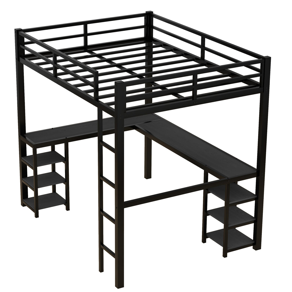 Full-Size Metal Loft Bed with Desk and Shelf Storage