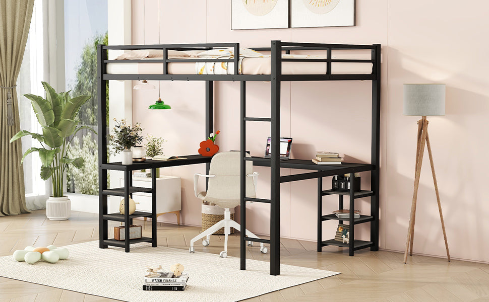 Full-Size Metal Loft Bed with Desk and Shelf Storage