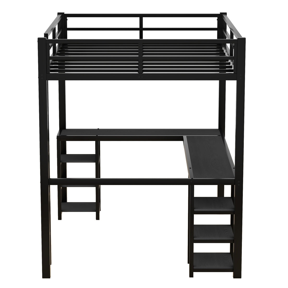 Full-Size Metal Loft Bed with Desk and Shelf Storage